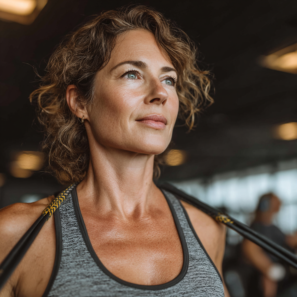 Confident middle-aged woman in workout attire performing functional fitness exercises with resistance bands in a modern gym setting, smiling with determination and focus